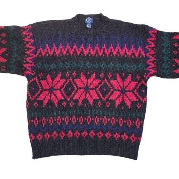 Vintage GAP Sweater Mens Blue Red Green Fair Isle‎ Snowflake 100% Wool Large - Picture 4 of 8